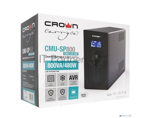 Источник бесперебойного питания CROWN 800VA/510W, металл, 1x12V/9AH, розетки 3*EURO+1*IEC bybass, трансформатор AVR 145-280V, LCD дисплей, съёмный кабель 1.2м, фильтр телефонной и ethernet линии RJ11/45, защита батареи, от перегрузки, от КЗ