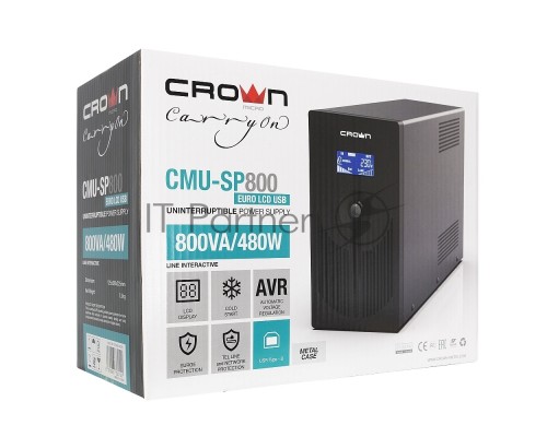 Источник бесперебойного питания CROWN 800VA/510W, металл, 1x12V/9AH, розетки 3*EURO+1*IEC bybass, трансформатор AVR 145-280V, LCD дисплей, съёмный кабель 1.2м, фильтр телефонной и ethernet линии RJ11/45, защита батареи, от перегрузки, от КЗ