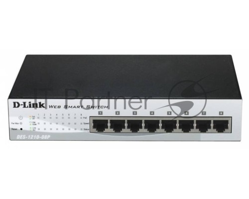 Коммутатор D-Link DES-1210-08P, WEB Smart III Switch with 8 PoE ports 10/100Mbps Fanless, 802.3x Flow Control, Static Port Trunking, 4094 – 802.1Q VLAN, 802.1p Priority Queues ACL, IGMP Snooping, Port mirror