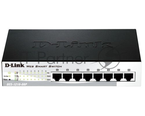 Коммутатор D-Link DES-1210-08P, WEB Smart III Switch with 8 PoE ports 10/100Mbps Fanless, 802.3x Flow Control, Static Port Trunking, 4094 – 802.1Q VLAN, 802.1p Priority Queues ACL, IGMP Snooping, Port mirror