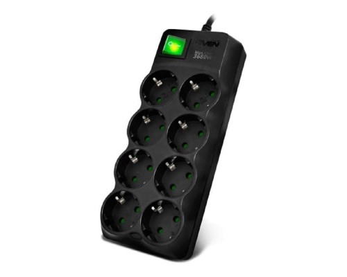 [Сетевые фильтры] SVEN Фильтр SF-08E-16 1,8 м (8 розеток с защитными шторками,16А) черный, цветная коробка [SV-021603]