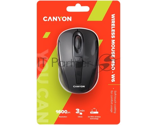Мышь беспроводная Canyon MSO-W6 черный, 1600 dpi, радиоканал, USB, кнопки - 6
