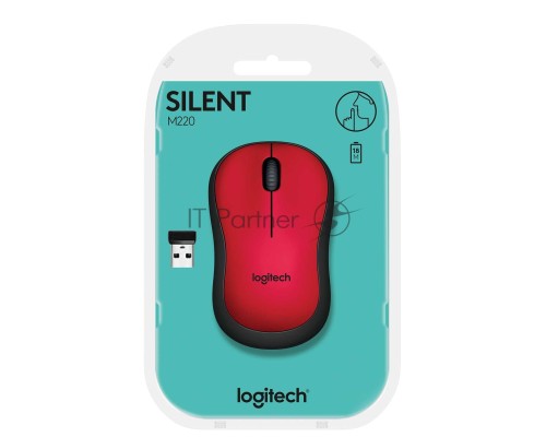 Мышь беспроводная Logitech M220 SILENT красный, 1000 dpi, радиоканал, USB, кнопки - 3
