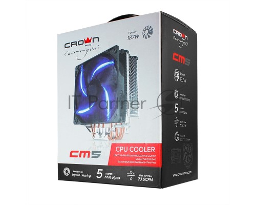 Кулер CROWN CM-5 (Для Intel и AMD,TDP до 187 Ватт,5шт. теплопроводных трубок,Синяя светодиодная подсветка,Гидродинамическии? подшипник,Размер: 148*126*85 мм)