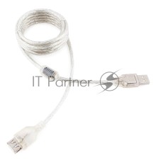 Кабель удлинитель USB2.0 Pro Cablexpert CCF-USB2-AMAF-TR-2M, AM/AF, 2м, экран, 2феррит.кольца, прозрачный, пакет