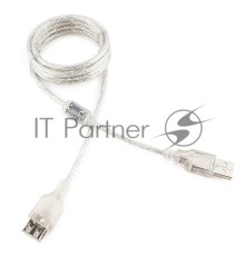 Кабель удлинитель USB2.0 Pro Cablexpert CCF-USB2-AMAF-TR-6, AM/AF, 1,8м, экран, 2феррит.кольца, прозрачный, пакет