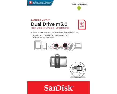 Флеш диск 64GB SanDisk Ultra Android Dual Drive OTG, m3.0/USB 3.0, Black