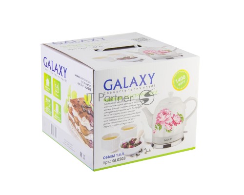 Чайник электрический Galaxy Line GL 0503, белый, керамический корпус, 1400 Вт, 1,4 л, индикатор работы, указатель максимального уровня воды