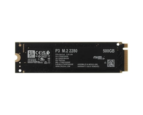 [накопитель] SSD M.2 Crucial 500Gb P3 <CT500P3SSD8> (PCI-E 3.0 x4, up to 3500/1900MBs, 3D NAND, NVMe, 110TBW, 22х80mm)
