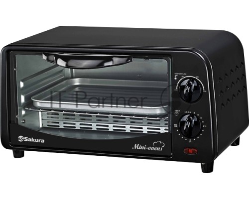 Мини печь Sakura SA-7018B черный, 10 л, мощность 1000 Вт, 2 кварц.нагреват.элемента, регулировка температуры 100-250С, 30-минутный таймер со звонком, световой индикатор работы, противень, решетка
