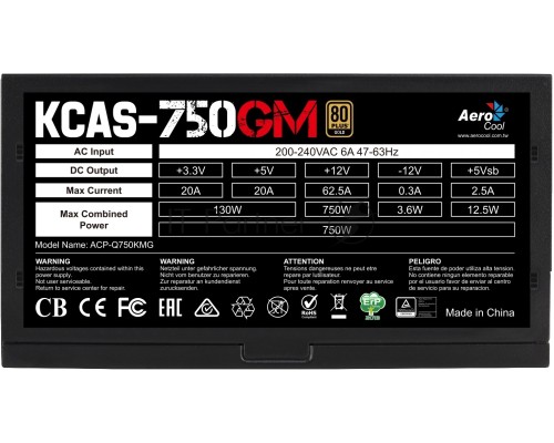 Блок питания Aerocool KCAS-750GM RGB (ATX 2.3, 750W, Active PFC, 140mm fan, Cable Management, 80 PLUS GOLD) Box
