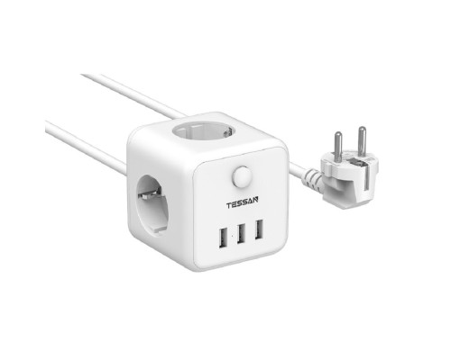 [Тессан сетевые фильтры] TESSAN TS-301 White Сетевой фильтр с 3 розетками 220В и 3 USB портами и кнопкой питания {80001820}