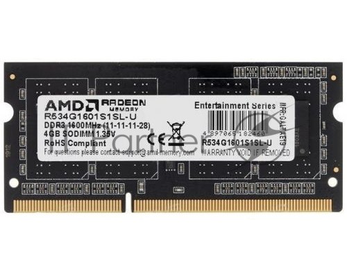 Оперативная память 4GB AMD Radeon™ DDR3L 1600 SO DIMM R5 Entertainment Series Black R534G1601S1SL-U Non-ECC, CL11, 1.35V, Retail