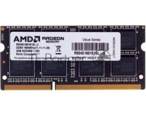 Оперативная память 4GB AMD Radeon™ DDR3L 1600 SO DIMM R5 Entertainment Series Black R534G1601S1SL-U Non-ECC, CL11, 1.35V, Retail