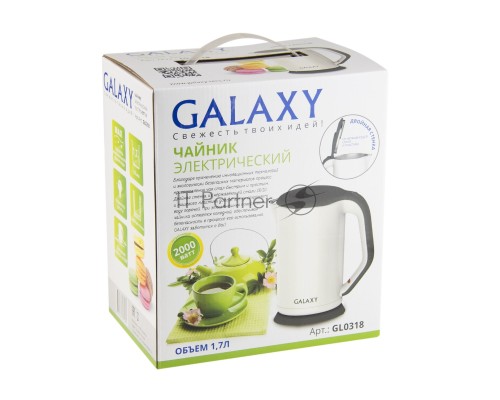 Чайник электрический Galaxy GL 0318, белый, пластик, 2000 Вт, 1,7 л