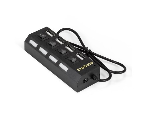 [USB-концентраторы] Exegate EX293977RUS USB-Хаб (концентратор) ExeGate DUB-42SW (кабель-адаптер USB2.0 --> 4xUSB2.0, кнопки включения/отключения для каждого порта, Plug&Play, черный)