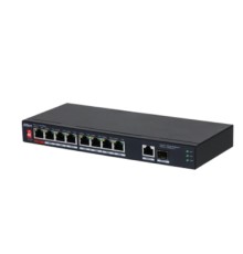 DAHUA DH-PFS3110-8ET1GT1GF-96 10-портовый неуправляемый коммутатор с PoE, 8xRJ45 10/100Mb PoE, 1xRJ45 1Gb uplink, 1xSFP 1Gb uplink, суммарно 96Вт, коммутация 5.6 Гбит/с, MAC-таблица 8К, металл