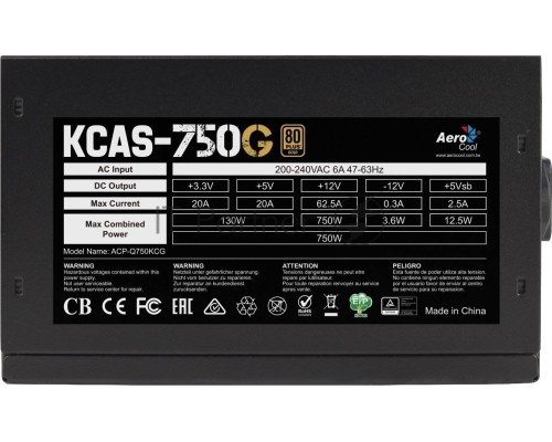Блок питания Aerocool ATX 750W KCAS-750G 80+ gold (24+4+4pin) APFC 120mm fan color LED 7xSATA RTL
