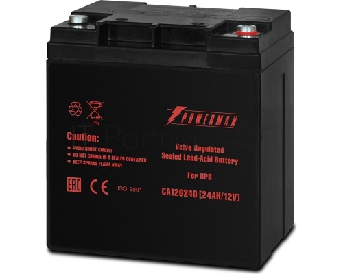 Батарея Powerman Battery CA12240, напряжение 12В, емкость 24Ач, макс. ток разряда 360А, макс. ток заряда 7.2А, свинцово-кислотная типа AGM, тип клемм M1, Д/Ш/В 166/126/174, 8.4 кг. Battery POWERMAN Battery CA12240, voltage 12V, capacity 24Ah, max. discha