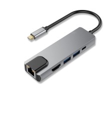 Bion Мульти переходник USB Type-C - USB Type-C/2*USB-A 3.0/HDMI/RJ-45 1000мб/с, 60W, алюминиевый корпус, длина кабеля 10 см [BXP-A-USBC-MULTI-03]