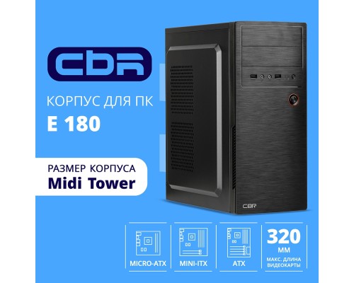 [Корпус] CBR Корпус ATX Miditower E180, c БП ATX450-12EC (450W/120mm), 2*USB 2.0, HD Audio+Mic, Black [PCC-ATX-E180-USB22-450W]