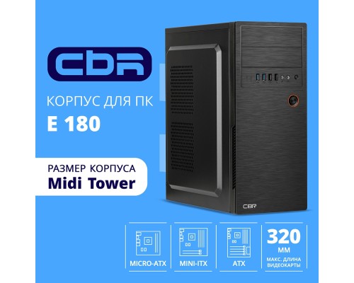 [Корпус] CBR Корпус ATX Miditower E180, c БП ATX450-12EC (450W/120mm), 2*USB 3.0, 2*USB 2.0, HD Audio+Mic, Black [PCC-ATX-E180-USB32-USB22-450W]