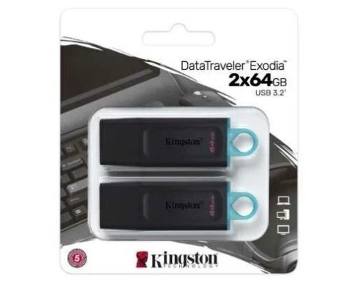 [Носитель информации] Kingston USB Drive 64GB DataTraveler Exodia USB 3.2 gen.1, черный+бирюзовый Комплект из двух флеш накопителей  