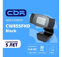 CBR CW 855FHD Black, Веб-камера с матрицей 3 МП, разрешение видео 1920х1080, USB 2.0, встроенный микрофон с шумоподавлением, фикс.фокус, крепление на мониторе, длина кабеля 1,8 м, цвет чёрный