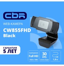 CBR CW 855FHD Black, Веб-камера с матрицей 3 МП, разрешение видео 1920х1080, USB 2.0, встроенный микрофон с шумоподавлением, фикс.фокус, крепление на мониторе, длина кабеля 1,8 м, цвет чёрный