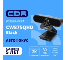 CBR CW 875QHD Black,Веб-камера с матрицей 5 МП, 2560х1440, встроенный микрофон с шумоподавлением, автофокус, крепление на мониторе, длина кабеля 2 м, цвет чёрный