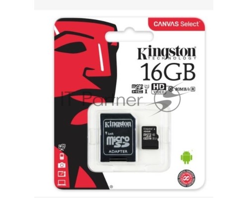 Флеш карта microSD 16GB Kingston microSDHC Class 10 UHS-I U1 Canvas Select (SD адаптер) 80MB/s