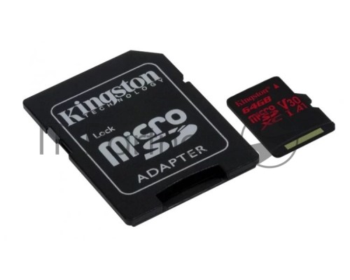 Флеш карта microSD 64GB Kingston microSDXC Class UHS-I U3 V30 Canvas React (SD адаптер) 80MB/s