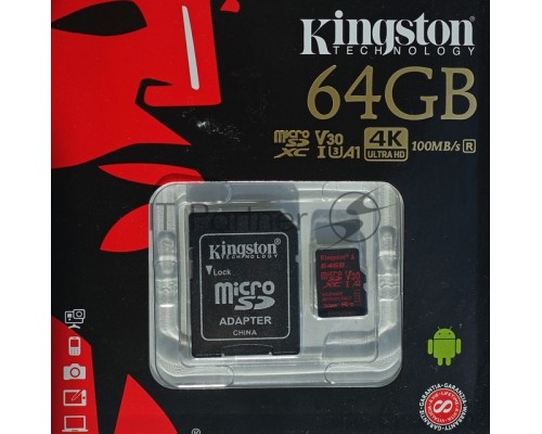 Флеш карта microSD 64GB Kingston microSDXC Class UHS-I U3 V30 Canvas React (SD адаптер) 80MB/s