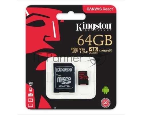 Флеш карта microSD 64GB Kingston microSDXC Class UHS-I U3 V30 Canvas React (SD адаптер) 80MB/s