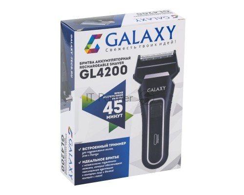 Бритва Galaxy Line GL 4200, черный, аккумуляторная, сетки из ультратонкой японской стали, два независимых подвижных лезвия, плавающая головка, возможность промывки блока ножей и сеток, встроенный триммер для подравнивания висков, индикатор заряда, реверс