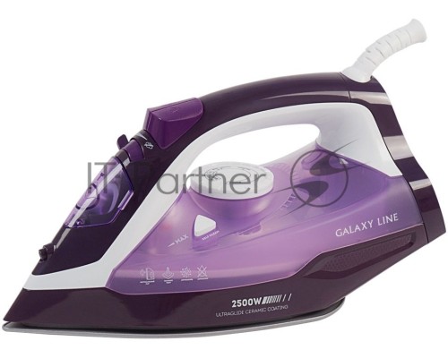 Утюг Galaxy Line GL 6124, фиолетовый с белым, паровой, 2500 Вт, постоянный пар 50 г/мин, паровой удар 230 г/мин, функции: самоочистка, антикапля, антинакипь, функция увлажнения, вертикальное отпаривание, защита от перегрева, индикатор нагрева, керамическ