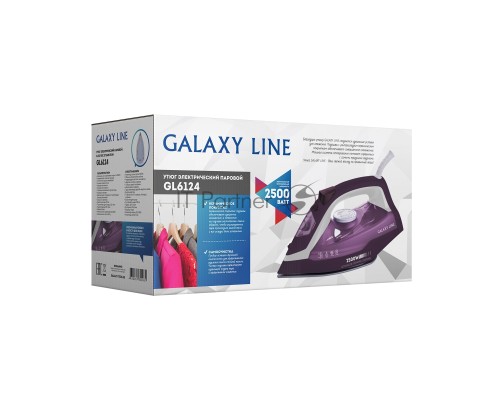 Утюг Galaxy Line GL 6124, фиолетовый с белым, паровой, 2500 Вт, постоянный пар 50 г/мин, паровой удар 230 г/мин, функции: самоочистка, антикапля, антинакипь, функция увлажнения, вертикальное отпаривание, защита от перегрева, индикатор нагрева, керамическ
