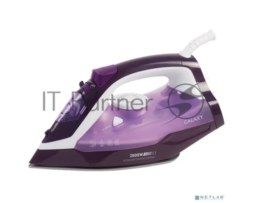 Утюг Galaxy Line GL 6124, фиолетовый с белым, паровой, 2500 Вт, постоянный пар 50 г/мин, паровой удар 230 г/мин, функции: самоочистка, антикапля, антинакипь, функция увлажнения, вертикальное отпаривание, защита от перегрева, индикатор нагрева, керамическ