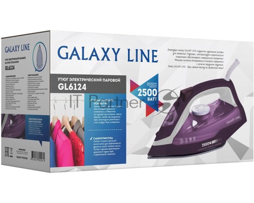 Утюг Galaxy Line GL 6124, фиолетовый с белым, паровой, 2500 Вт, постоянный пар 50 г/мин, паровой удар 230 г/мин, функции: самоочистка, антикапля, антинакипь, функция увлажнения, вертикальное отпаривание, защита от перегрева, индикатор нагрева, керамическ