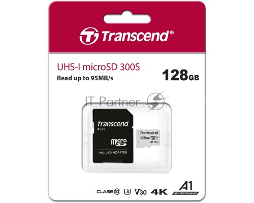Флеш карта Transcend Micro SecureDigital 128Gb MicroSDXC Class 10 UHS-I U3, SD adapter}(TS128GUSD300S-A)