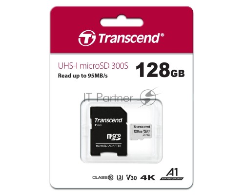 Флеш карта Transcend Micro SecureDigital 128Gb MicroSDXC Class 10 UHS-I U3, SD adapter}(TS128GUSD300S-A)