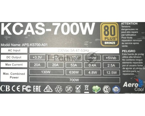 Блок питания Aerocool, 700W KCAS-700W PLUS, 700Вт, 80 PLUS bronze, 120мм, черный