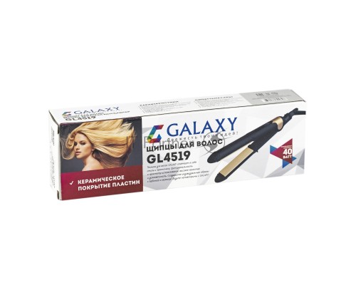 Щипцы для волос Galaxy Line GL 4519, черный, 40 Вт, максимальная температура 180°С, керамическое покрытие поверхностей, индикатор работы, ножка-подставка для обеспечения защиты от нагрева поверхности стола, шнур питания, вращающийся на 360°, подвесная пе