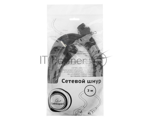 Кабель питания Cablexpert PC-186-1-3M, 3м, Schuko- C13, 3x1кв.мм, черный, с заземлением, пакет Кабель питания Cablexpert PC-186-1-3M, 3м, Schuko- C13, 3x1кв.мм, черный, с заземлением, пакет