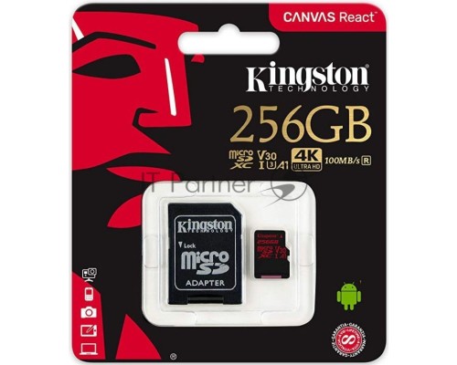 Флеш карта microSDHC 256Gb Class10 Kingston <SDCR/256GB> Canvas React с адаптером