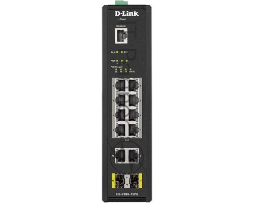 Коммутатор  D-Link DIS-200G-12PS/A1A, L2 Managed Industrial Switch with 10 10/100/1000Base-T and 2 1000Base-X SFP ports (8 PoE ports 802.3af/802.3at (30 W), PoE Budget 123 W)8K Mac address, 802.3x Flow Control,