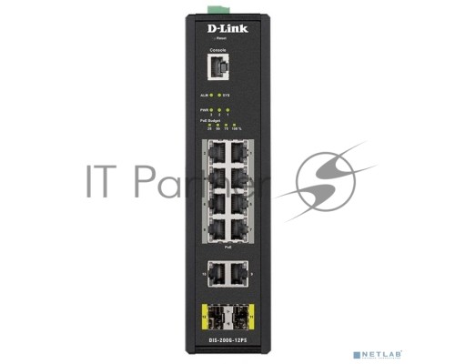Коммутатор  D-Link DIS-200G-12PS/A1A, L2 Managed Industrial Switch with 10 10/100/1000Base-T and 2 1000Base-X SFP ports (8 PoE ports 802.3af/802.3at (30 W), PoE Budget 123 W)8K Mac address, 802.3x Flow Control,