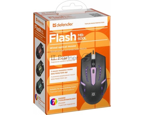 Мышь проводная Defender Flash MB-600L черный, 1200 dpi, USB, кнопки - 4
