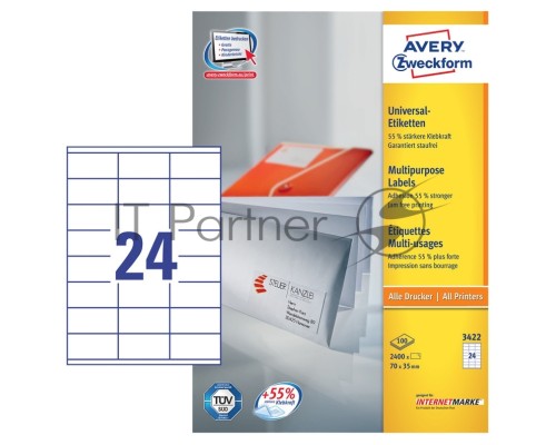 Этикетки Avery Zweckform 3422 A4 70x35мм 24шт на листе/70г/м2/100л./белый самоклей. универсальная Этикетки Avery Zweckform 3422 A4 70x35мм 24шт на листе/70г/м2/100л./белый самоклей. универсальная
