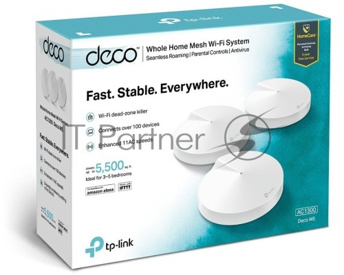 Маршрутизатор TP-Link TP-Link DECO M5(3-PACK) AC1300 Домашняя Wi-Fi система, чипсет Qualcomm, два диапазона (Dual-Band), поддержка стандартов 802.11ac/a/b/g/n, 717 МГц четырёхъядерный процессор, Bluetooth 4.2, 2 гигабитных порта Ethernet, 1 порт USB Type